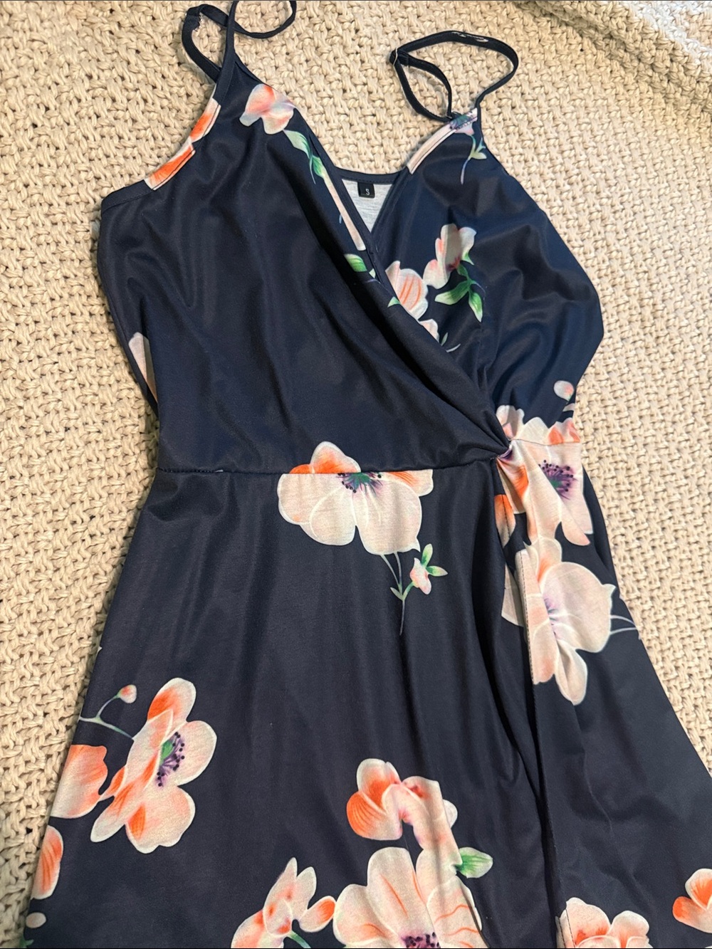 Cupshe Navy Floral Wrap MIDI Dress with Peach Blooms
